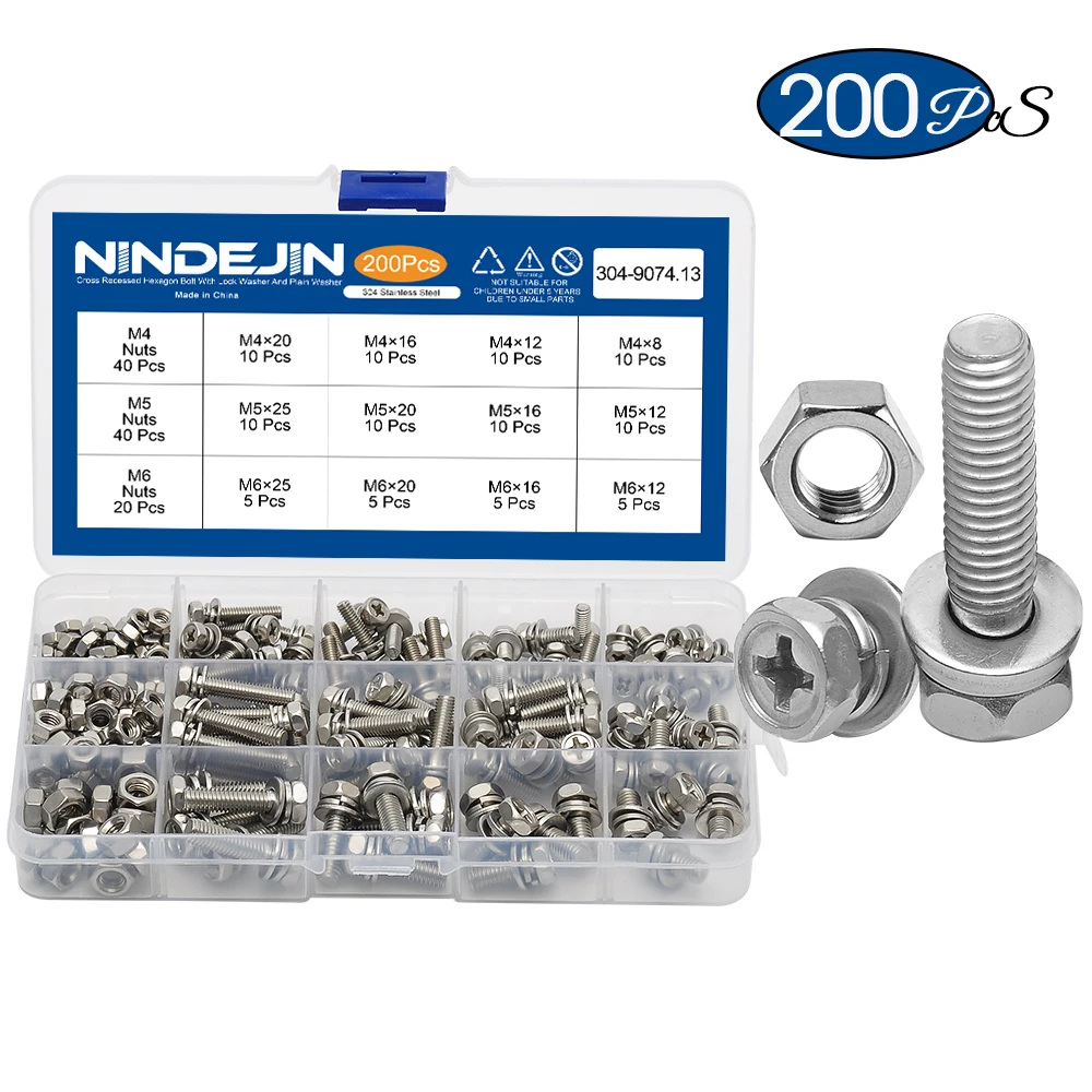 

Cross Recessed Phillips Hex Head Screw Nut and Washer Three Sems Screw Set Kit M4 M5 M6 Stainless Steel Three Combination Thread