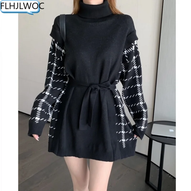 

Stretchy Knit Bodycon Bandage Turtleneck Sweater Dress Women Chic Korea Cute Patchwork Plaid Little Black Mini Feminine Vestidos