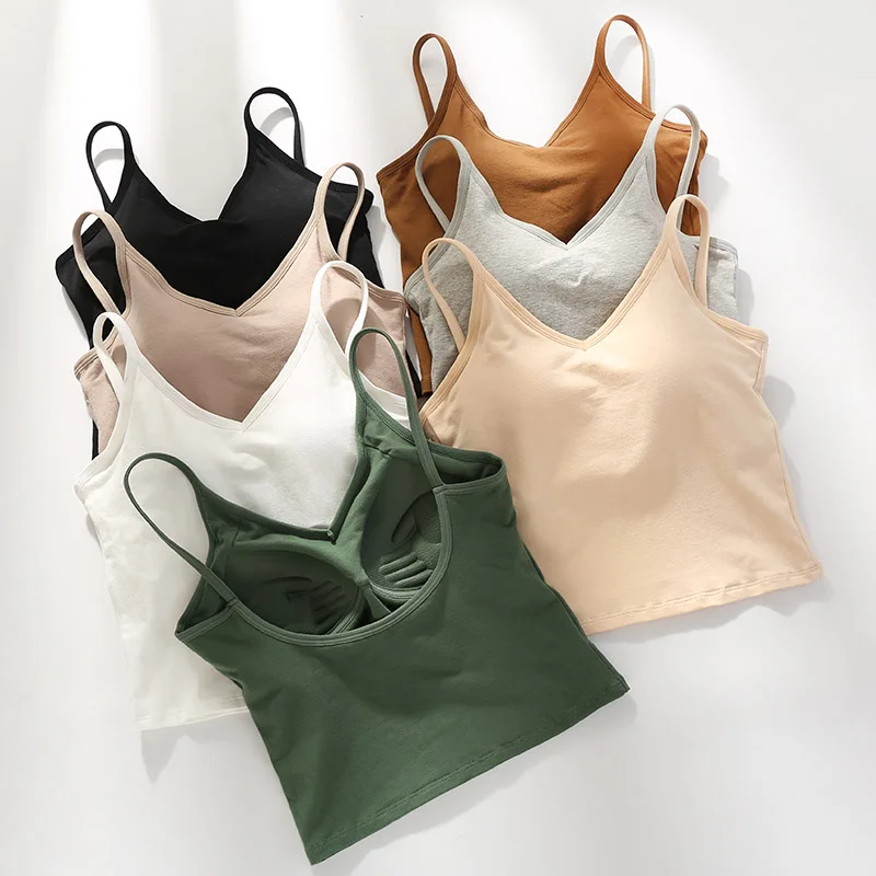 

New Women Cotton Deep V Beauty Back Exposed Underwear Solid Color No Steel Ring Integrated Chest Pad Camisoles Bottoming Shirt
