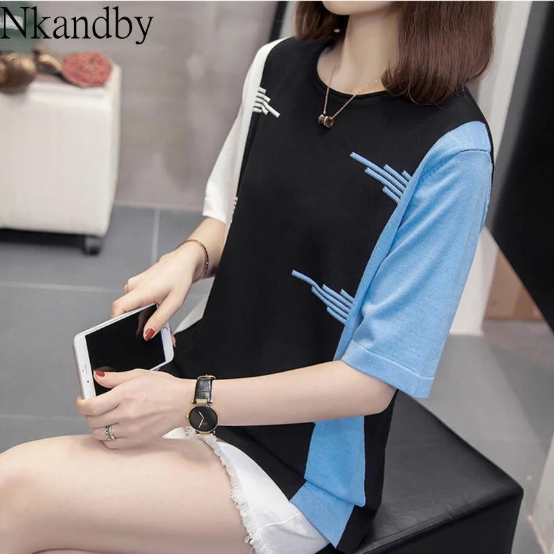 Размера плюс трикотажный пуловер Топ 2020 летние женские модные свободные