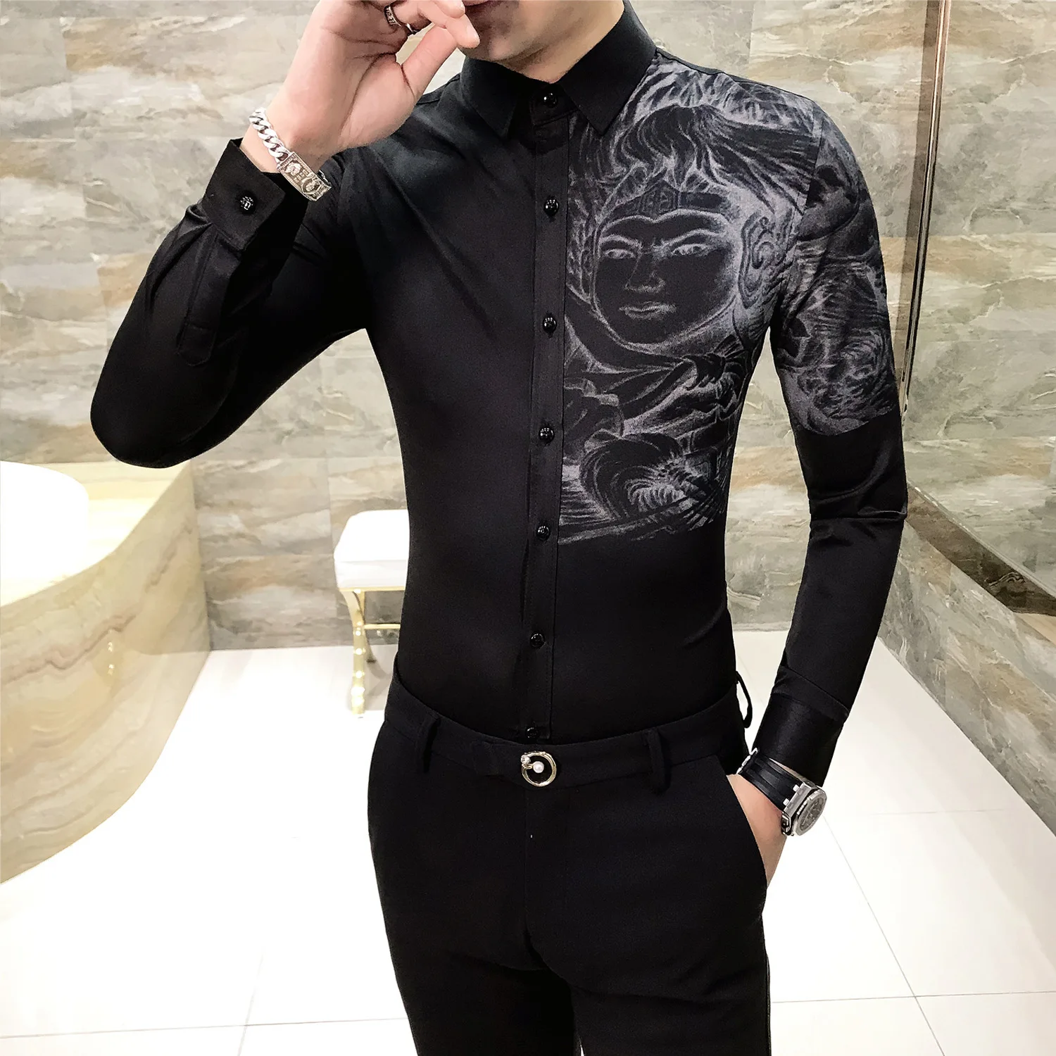 Платье рубашка Корейская одежда мужская рубашка camisa social Повседневная приталенная мужская с принтом вечерние рубашки для клуба Camisa Masculina