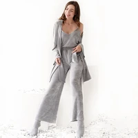 hiloc ribbed robes women pajama set woman 3 pieces camisole nightie trouser suits knitting nightgown lace up bathrobes nightwear