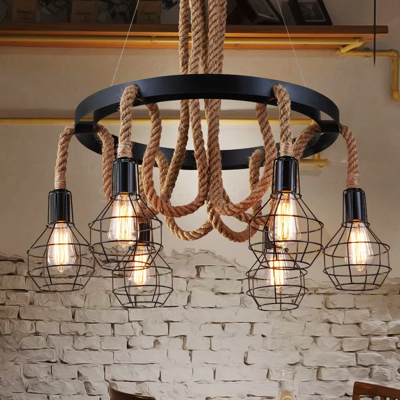 

loft vintage retro lamps cage hemp rope lights bar pub club cafe restaurant living room balcony stair aisle pendant lamp