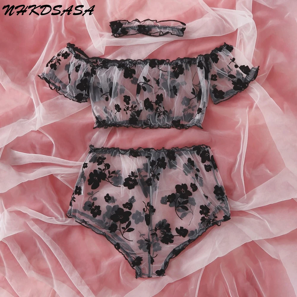 

Sexy Lingerie Flowers Embroidery Lace Bra Panties Underwear Women Set Transparent Mesh Erotic Lingerie Plus Size Sexy Sleepwear