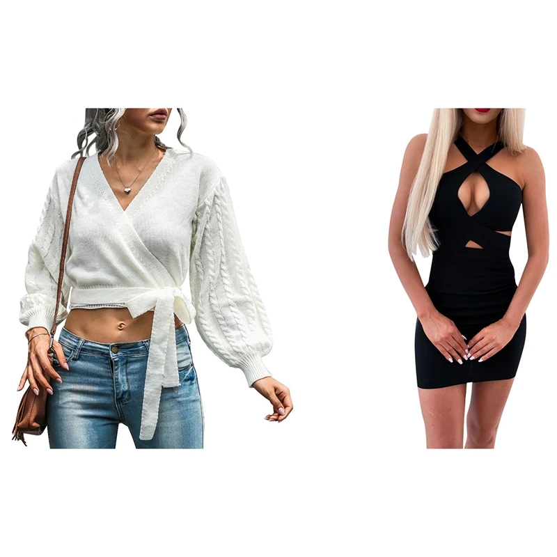 

Сексуальное Тонкое Платье-мини на бедрах с перекрестными ремешками, Черное женское длинное платье M & V-образным вырезом, свитер бежевого цве...