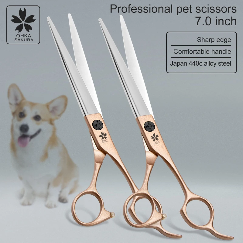 7.0 inch Pet scissors beauty professional dog hair cutting tool set champagne handle  dog hair bending scissors