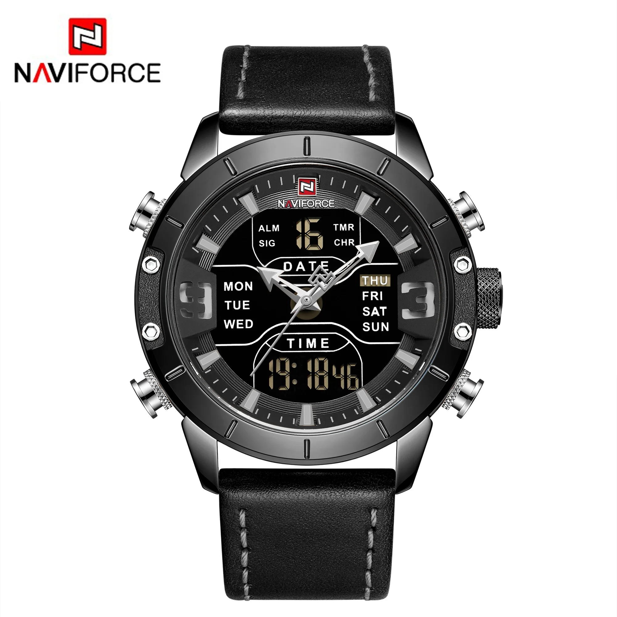 NAVIFORCE, военные спортивные светодиодный цифровые часы, мужские водонепроницаемые кварцевые аналоговые часы, ремешок из натуральной кожи, модные наручные часы - Цвет: BLACK