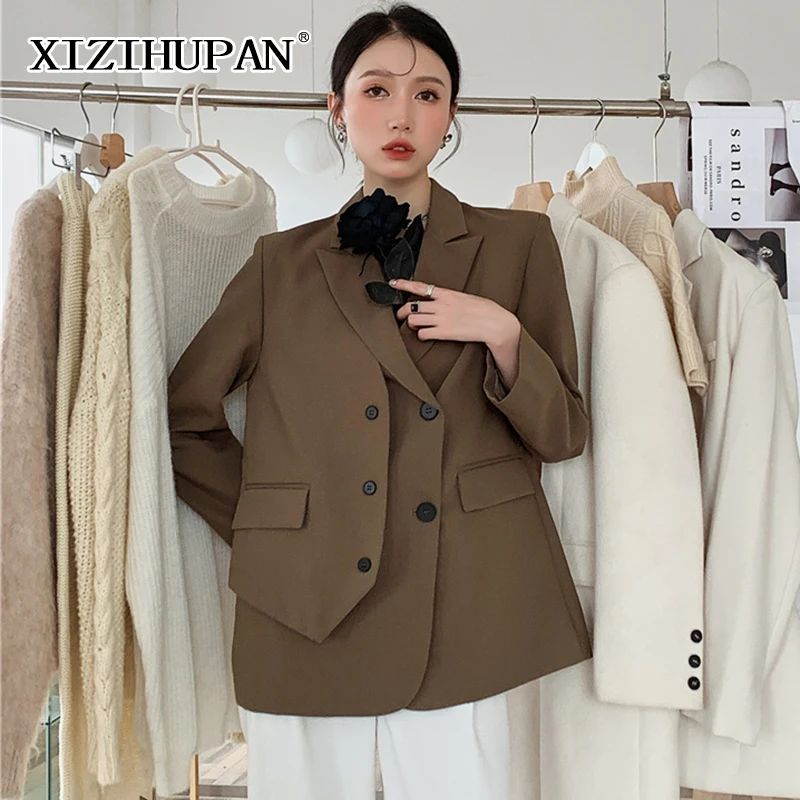 

XIZIHUPAN Solid Korean Fashion Women's Jacket Notched Long Sleeve Patchwork Minimalist Loose Female Blazer 2021 Autumn Clothing