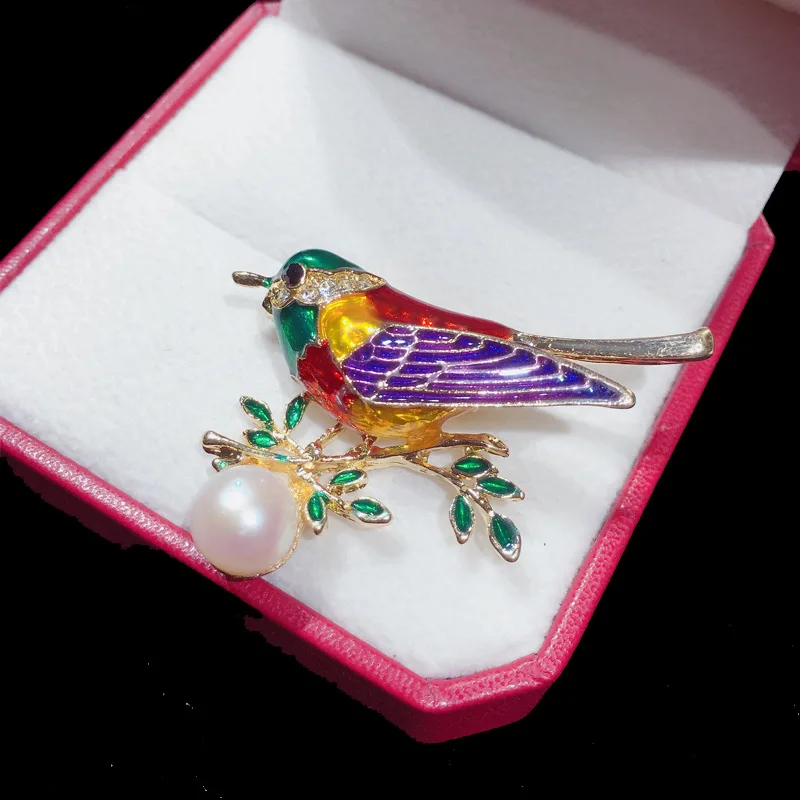 

natural freshwater pearl brooch bird painting oil corsage custom upscale gift wholesale accessories clothing