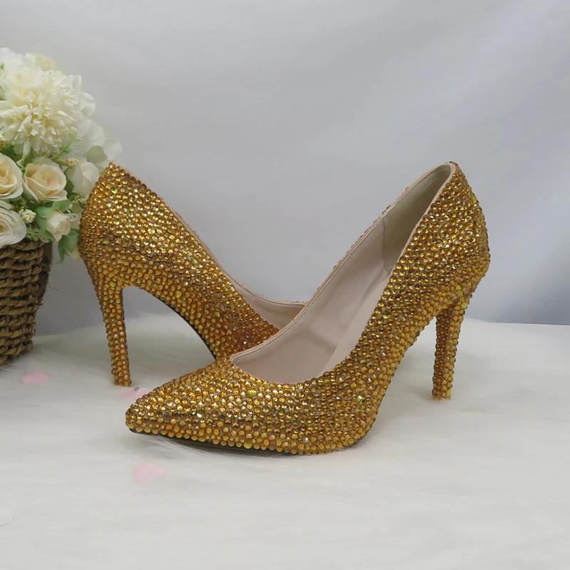 BaoYaFang Gold Pointed Toe shoe with matching bag woman Wedding shoes Bride High Pumps Evening Party dress shoes Female Big size