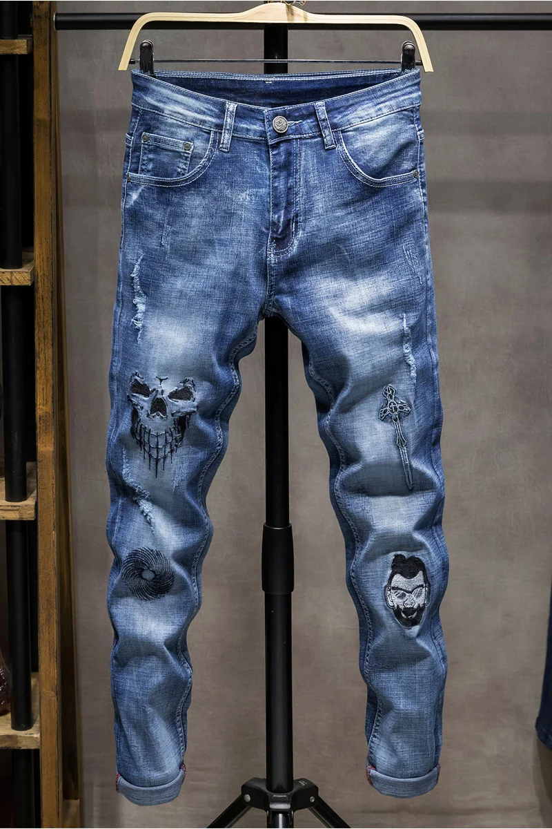 

2D jeans men's skull embroidered straight jeans blue trousers custom logo print on product and package from 1pc dropship