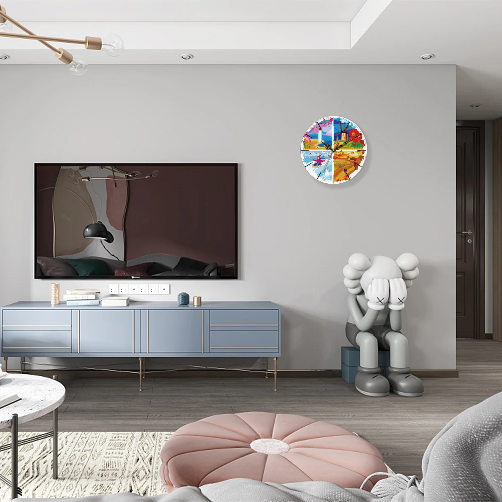 

Four Paintings Of Different Landscapes Scale Dial Display Wooden Quiet Quartz Wall Clock Simple Round Bedroom Practical Presents