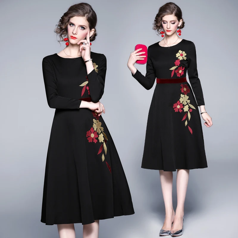 Осеннее бархатное платье с длинным рукавом и вышивкой женская одежда 2020