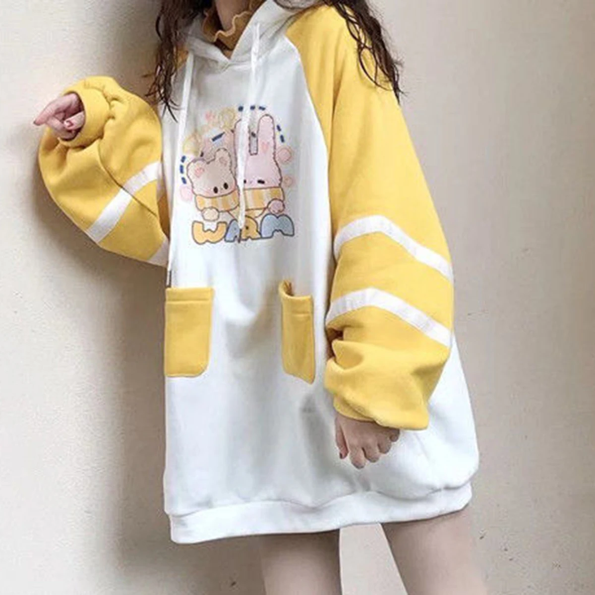 

Oversized Patchwork Hoodie Kawaii Cartoon Print Sweatshirt Korean Fashion Long Sleeve Women Clothing Tops Winter 2021