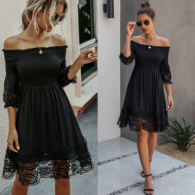 

Elegant Women Sexy Off Shoulder Black Dresses Gothic Harajuku High Waist Dress Summer Mini A-line Solid Black Casual Dresses