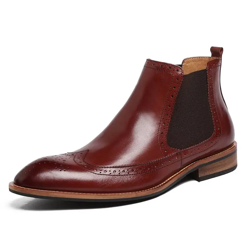 

New Arivel Fashion Boots Genuine Leather Elastic Band Pointed Toe Business Casual Wedding Ankle Male Foot Wedding Boots