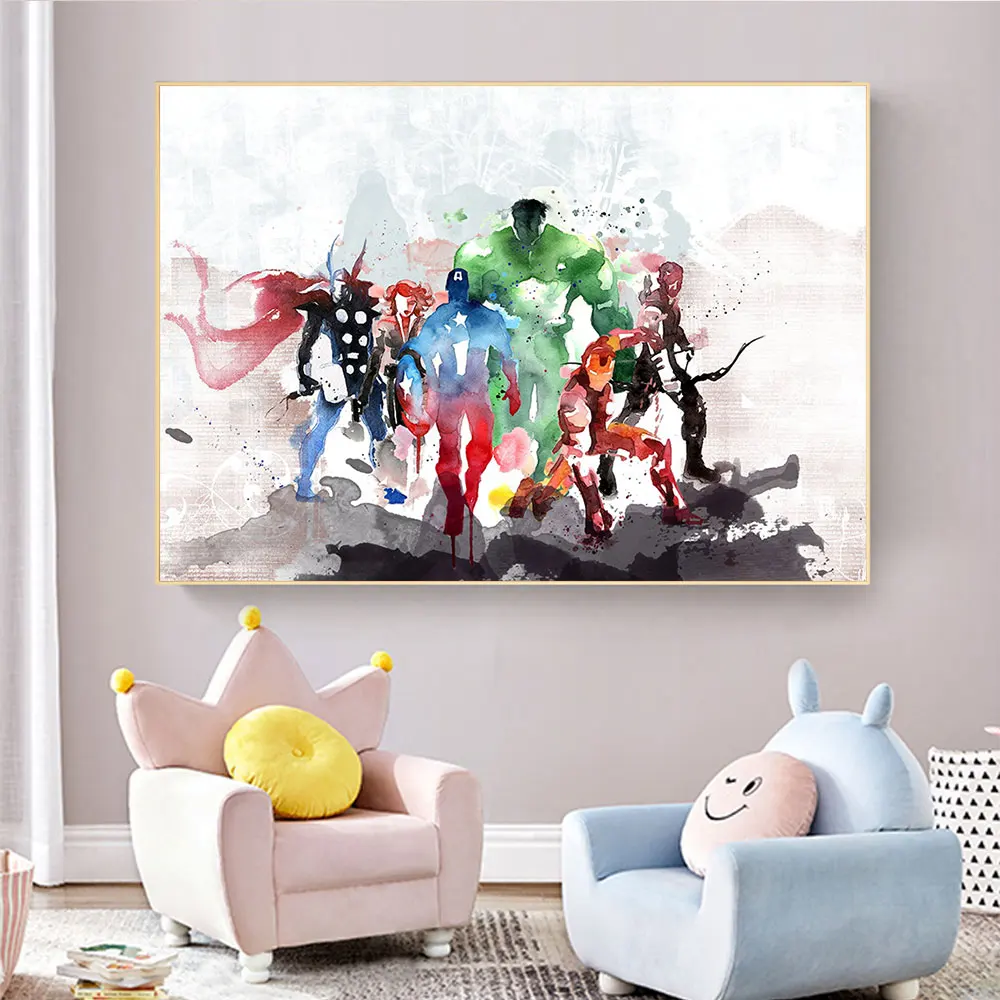

Marvel Comics Avengers Watercolor Painting Wall Art Superhero Iron Man Canvas Painting for Living Room Kid'S Bedroom Decor Mural