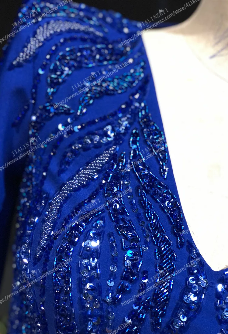Rhine Real picture Royal Blue V Neck Long Sleeves with Beads Sexy women evening dress long formal dresses