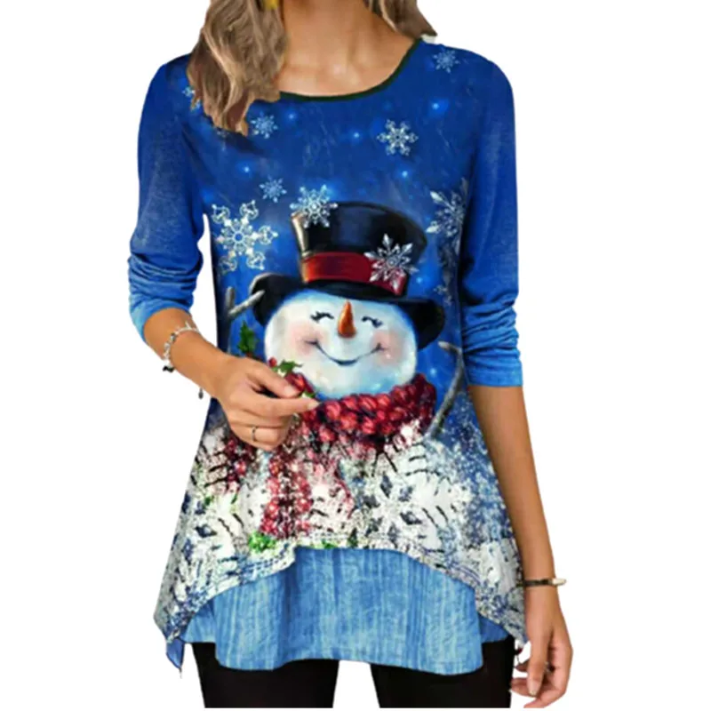 

Стильные женские рубашки с мультяшным принтом снеговика, футболка, Повседневная футболка с длинным рукавом и круглым вырезом, Рождественск...