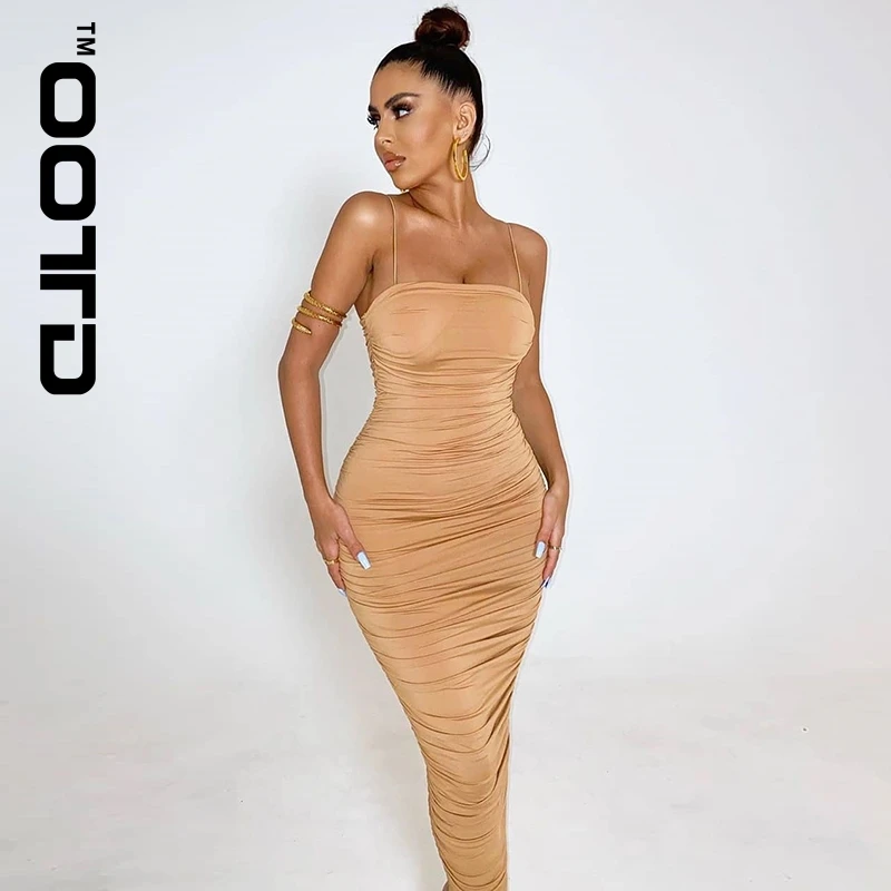 

OOTD 2 Layers Bodycon Women Dress Summer Pleated Long Dress Woman Party Night Slim Fit Sexy Dress Maxi Pink White Robe 2021 New