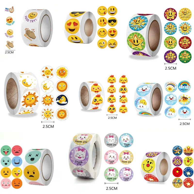 A variety of smiley face portrait stickers notebook children's toys teacher reward inspirational stickers 2.5CM500PCS