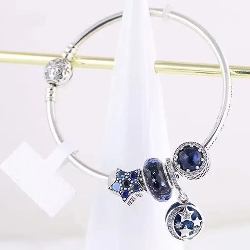 

Original 925 Sterling Silver Blue Star Pendant Glass Beads With Snowflake Button Bracelet For Women's Wedding Party Gift Jewelry