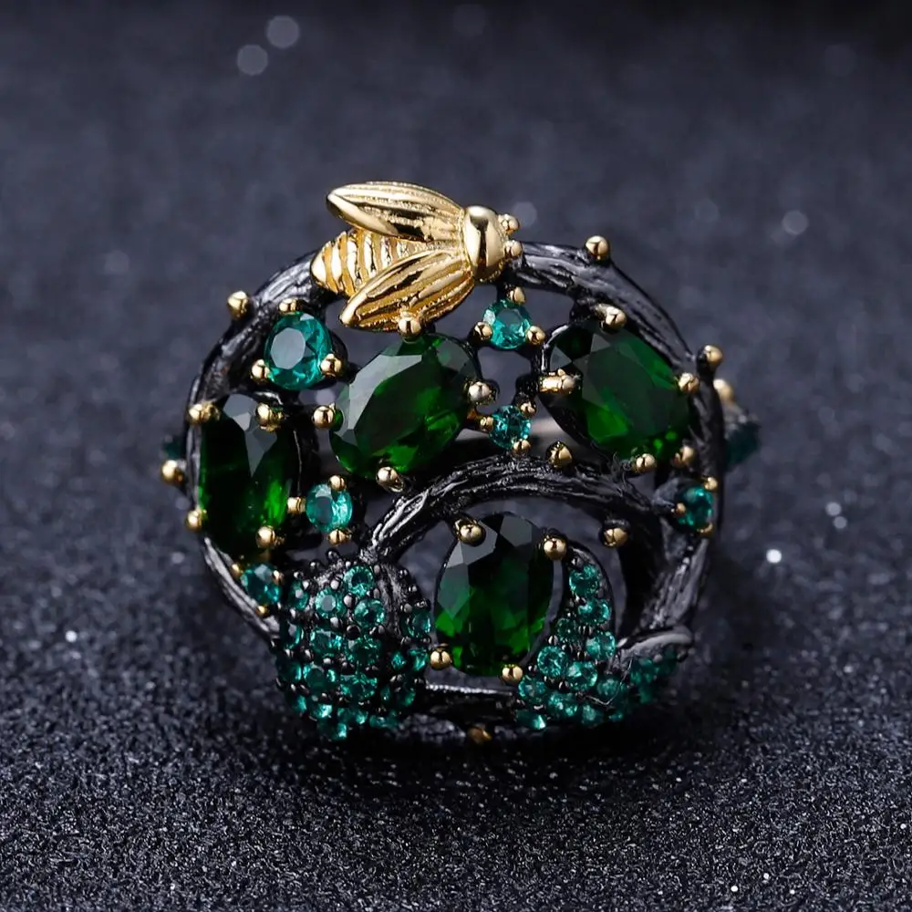 GEM'S балетные 925 пробы Серебряное растение ручной работы Цветочные винтажные кольца натуральный хром диопсид драгоценный камень кольцо для женщин ювелирные изделия