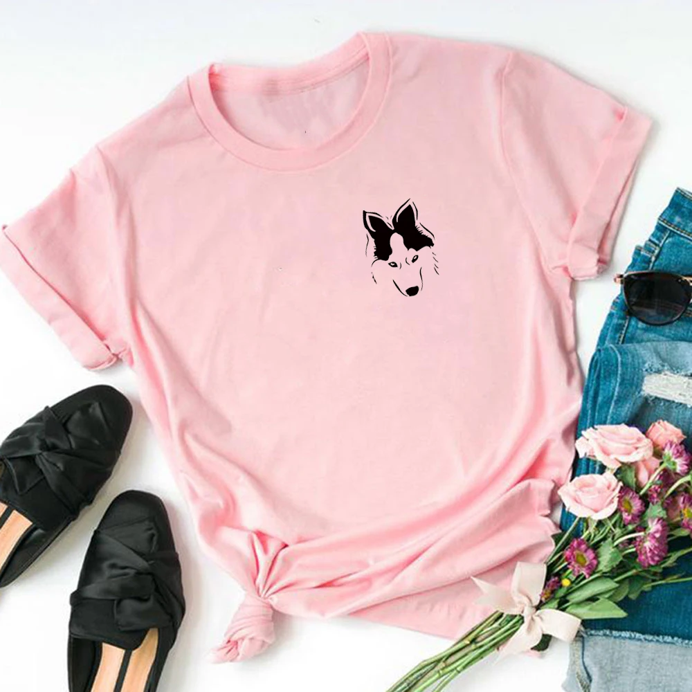 

Harajuku Husky pocket print cotton t shirt for women girl friend dog lvoer tops graphic tees hispter fashion tshirt ladies gift
