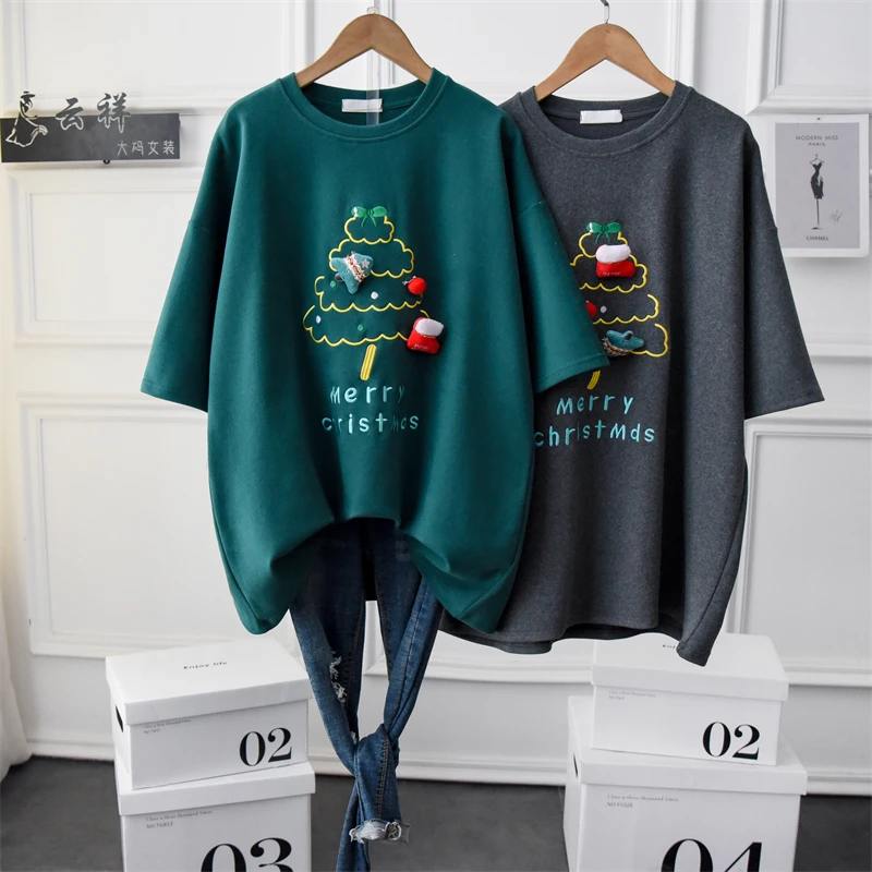 

Winter Short Sleeve Embroidery Thicken Cotton T Shirt Women Large Size Crew Neck Loose Graphic Casual Tee Pullovers