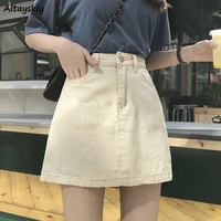 skirts women solid a line denim pockets button mini high waist all match leisure korean chic simple womens fashion daily elegant