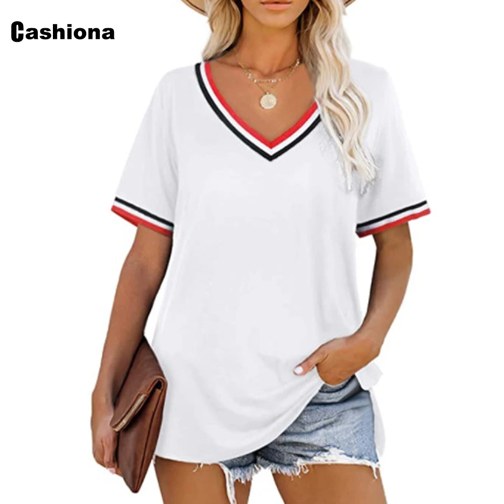 

Cashiona Women Elegant Leisure Casual T-shirt England Style 2021 Single-breasted Women's Top Patchwork V-neck Tees shirt Femme