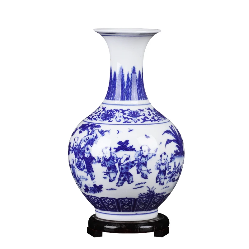 Китайские маленькие размеры голубая и белая ваза для цветов настольные