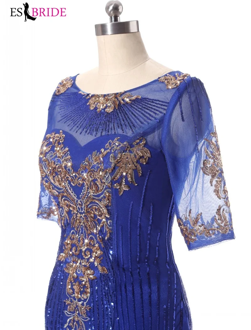 Royal Blue Evening Gown Gold Shiny Bead Piece Evening Dress Formal Mermaid Long Robe De Soiree Special Occasion Dresses ES2607
