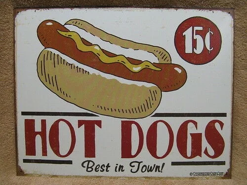 

Hot Dogs Tin Metal Sign Decor Kitchen Food Bun Dog NEW