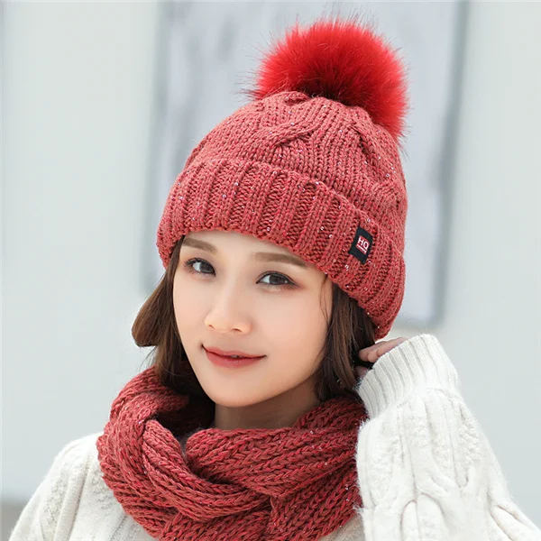 Brick red 1 set Женская зимняя шапка, лыжный бренд, большие Меховые помпоны, вязаные шапки, шарф, шапка, набор, зимняя женская шапка, теплая шапка Skullies, женская шапка - Цвет: Brick red 1 set