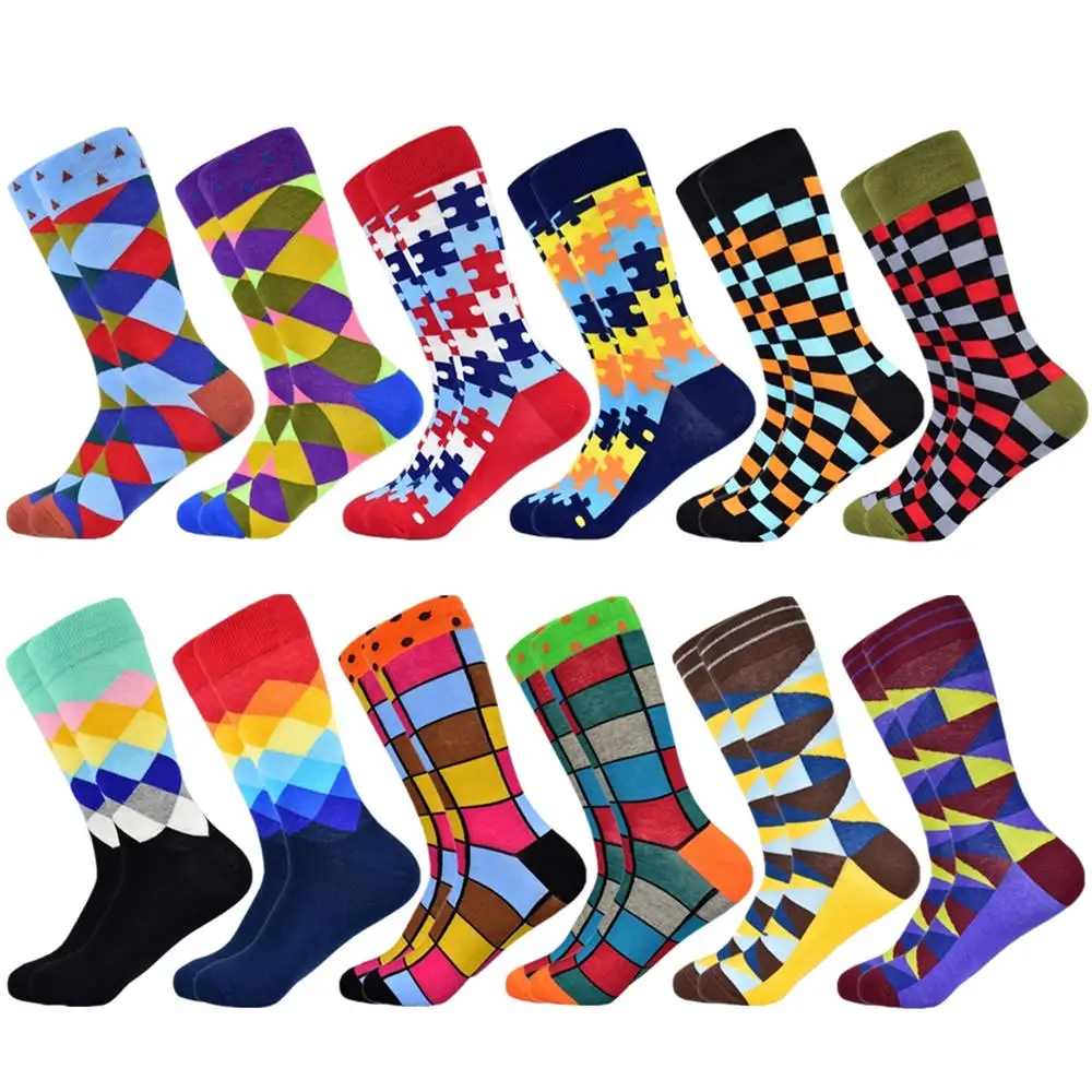 12 pairs socks-19 Популярные мужские носки из чесаного хлопка подарки для мужчин клетчатые геометрические повседневные мужские носки Цветные счастливые мужские носки - Цвет: 12 pairs socks-19