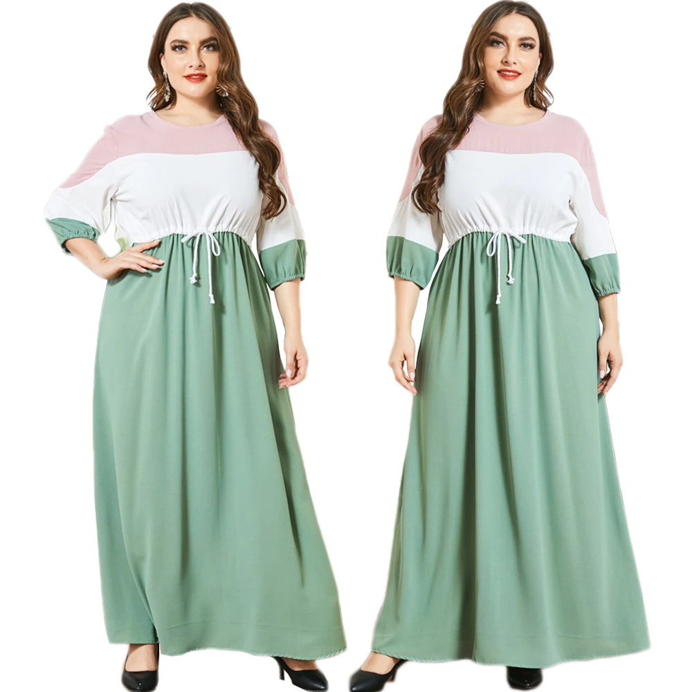 

Abaya Muslim Women Long Dress Turkish Dubai Arab Jilbab Maxi Robe Gown Patchwork Color Block Drawstring 3/4 Sleeve Plus Size New