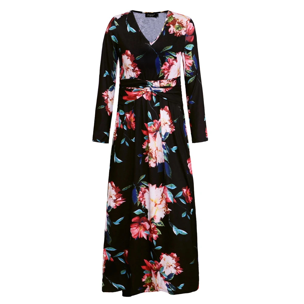 

2021Women Printed Knit Dress Autumn Dresses With Long Sleeves and V-neck