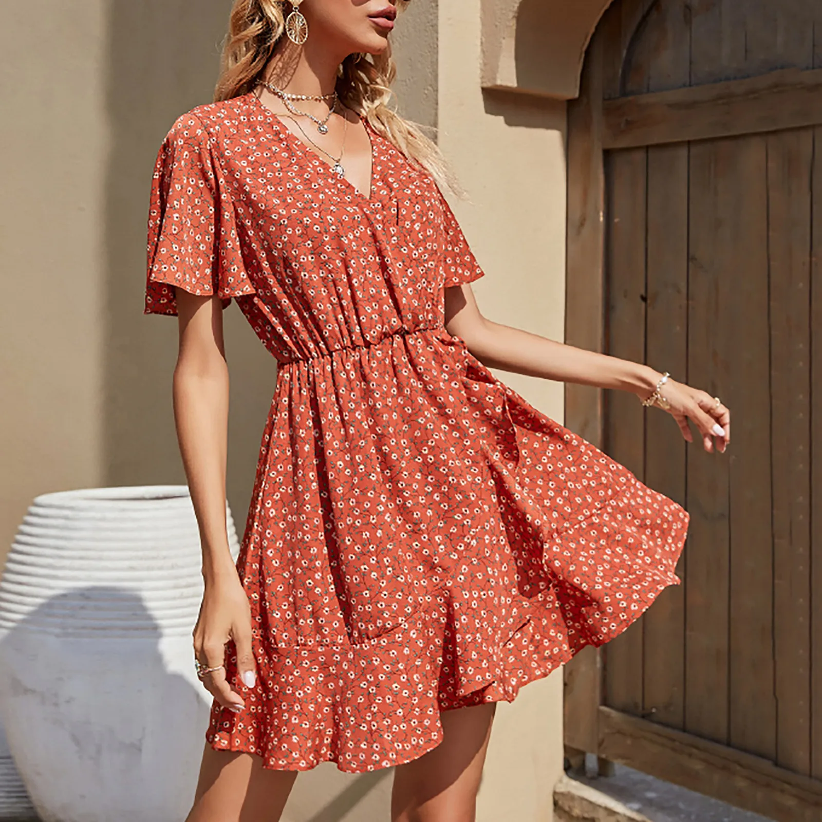 

Women's Dress Printing V-neck Fashion Short Sleeve Draped Splicing Dress Fashion Summer Floral Print Casual Dress Vestido