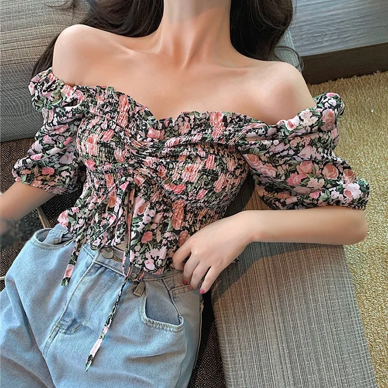 

Harajuku Blouse Floral Print Women's Blouse 2020 Sweet Girls Short Sleeve Chiffon Shirt Blouse Short Top