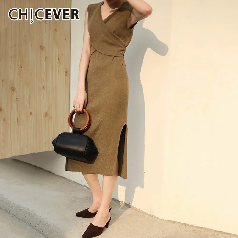 Женское трикотажное платье с V образным вырезом без рукавов|Женские платья| |