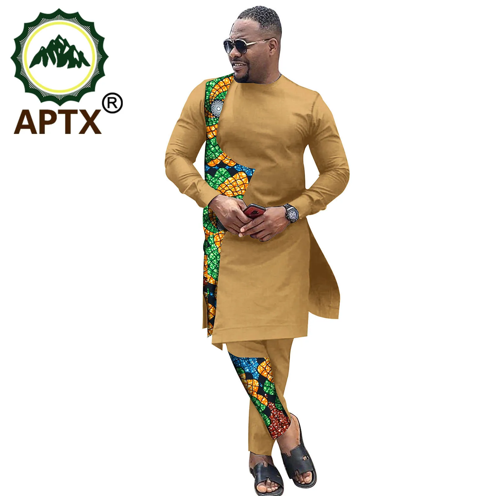 African Clothes For Men Dashiki Ankara Bicolor Robe Wax Personality Crew Neck Colorful Long Sleeve Male Contracted Set Suit