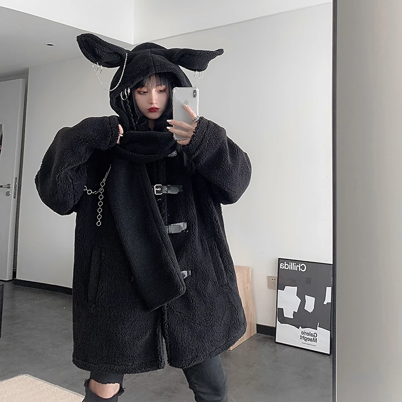 

Women Coat Autumn Winter Harajuku Black Cute Plush Rabbit Ears Hats Metal Button Coat Women Loose Long Sleeve Thick Coat