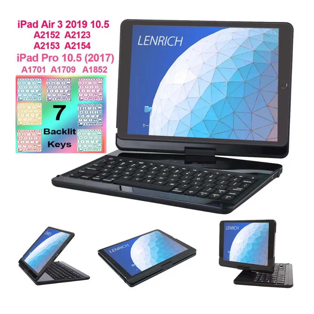 Black Для ipad air 3 и ipad Pro 10,5 дюймов чехол с клавиатурой с подсветкой клавиш, пластиковый вращающийся на 360 чехол для apple ipad air 3 - Цвет: Black