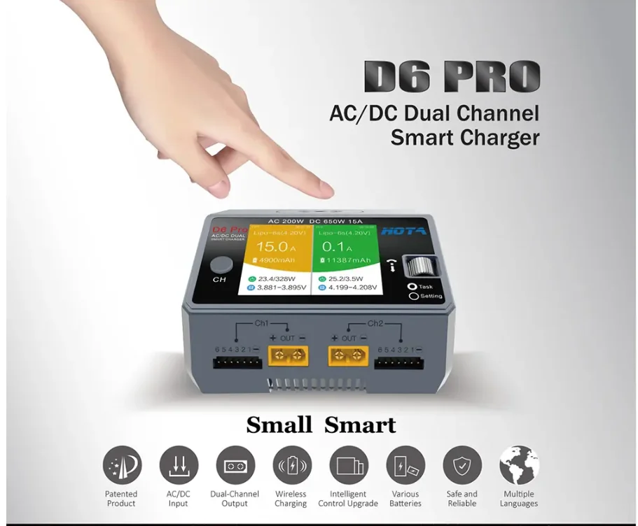 

HOTA D6 Pro AC 200W DC 650W 15A Charger With Wireless Charging for NiZn/Nicd/NiMH Battery Black Color