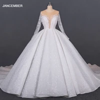 lsdz13 jancember european style lace up sewing beads wedding dress sequins sexy lace mesh round neck long sleeve wedding gown