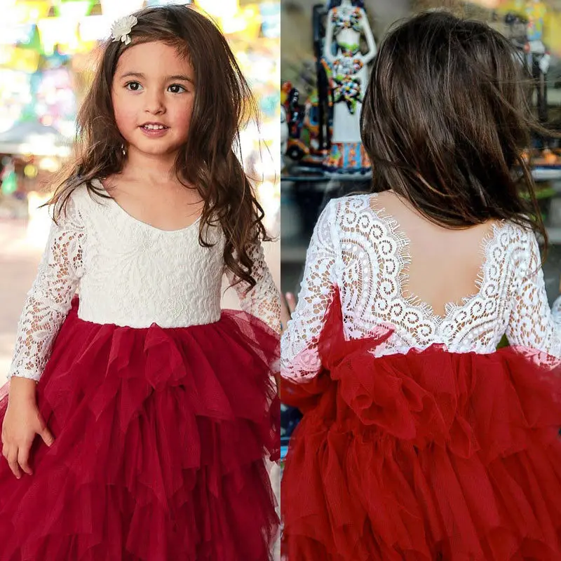 1-6Y Kids Girls Party Wedding Princess Dress Baby Clothes Lace Long Sleeve Layered Tutu Children Summer Fall Dresses | Детская одежда и
