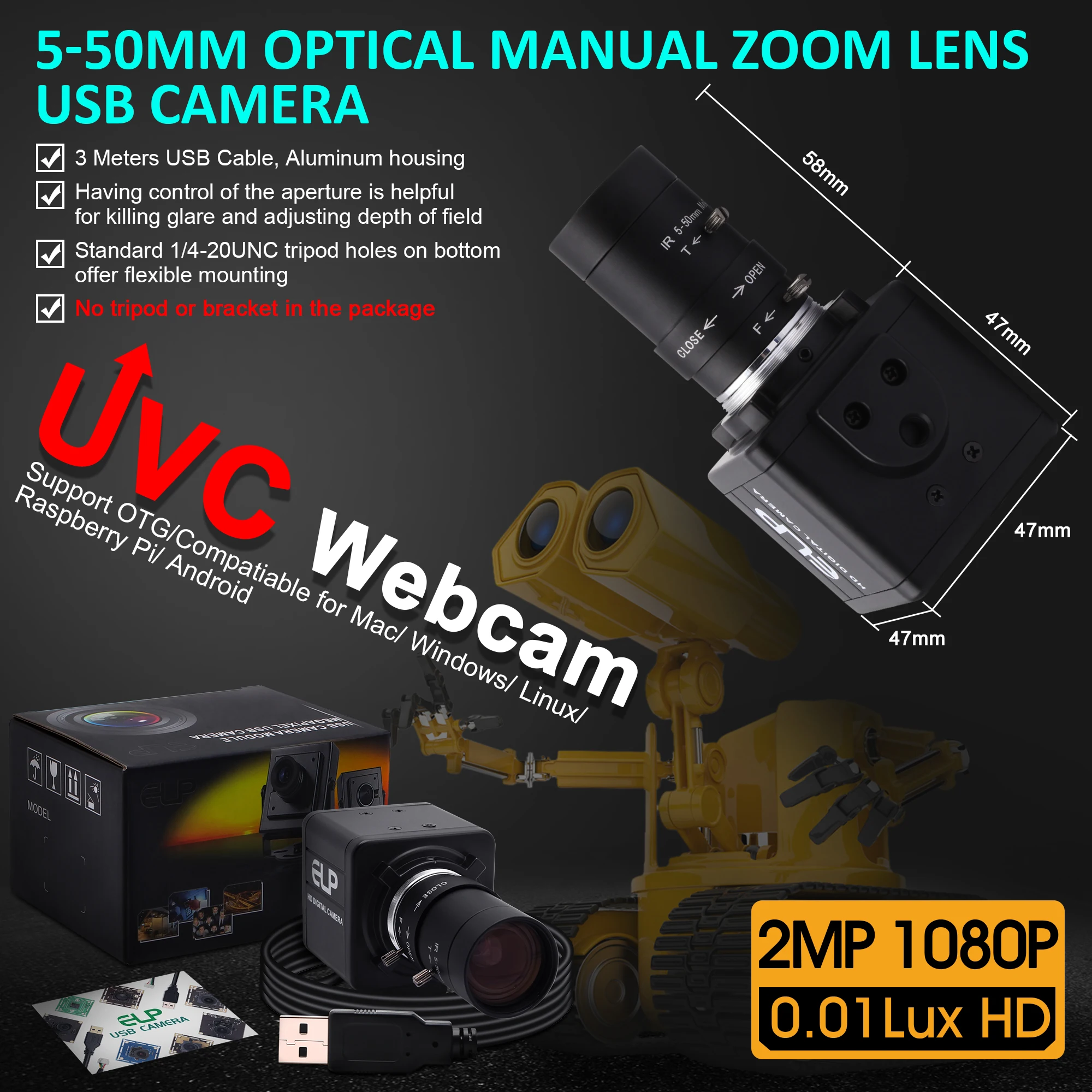 1080P 2 мегапикселя Sony IMX323 низсветильник ка Canera OTG UVC H264/MJPEG 30fps варифокальная - Фото №1