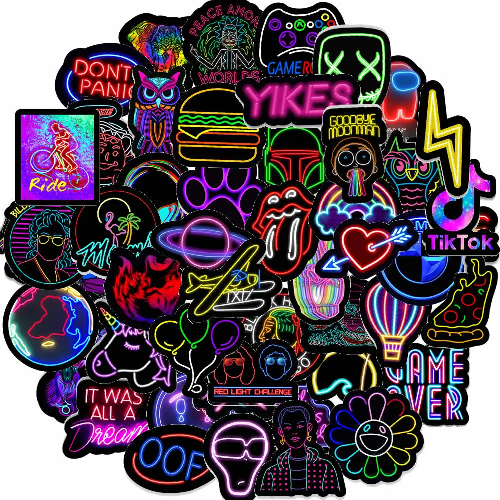 

10/30/50PCS Cartoon Neon Light Graffiti Stickers Car Guitar Motorcycle Luggage Suitcase DIY Classic Toy Decal Sticker for Kid
