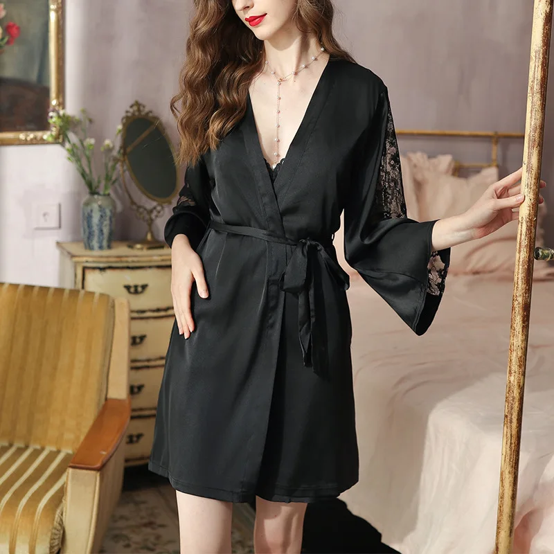 

Nightdress Women's Spring Summer Sexy Ice Silk Nightwear Belt Chest Pad Robe 2Pcs Set Lei Sling Nightgown Thin Style Homewear